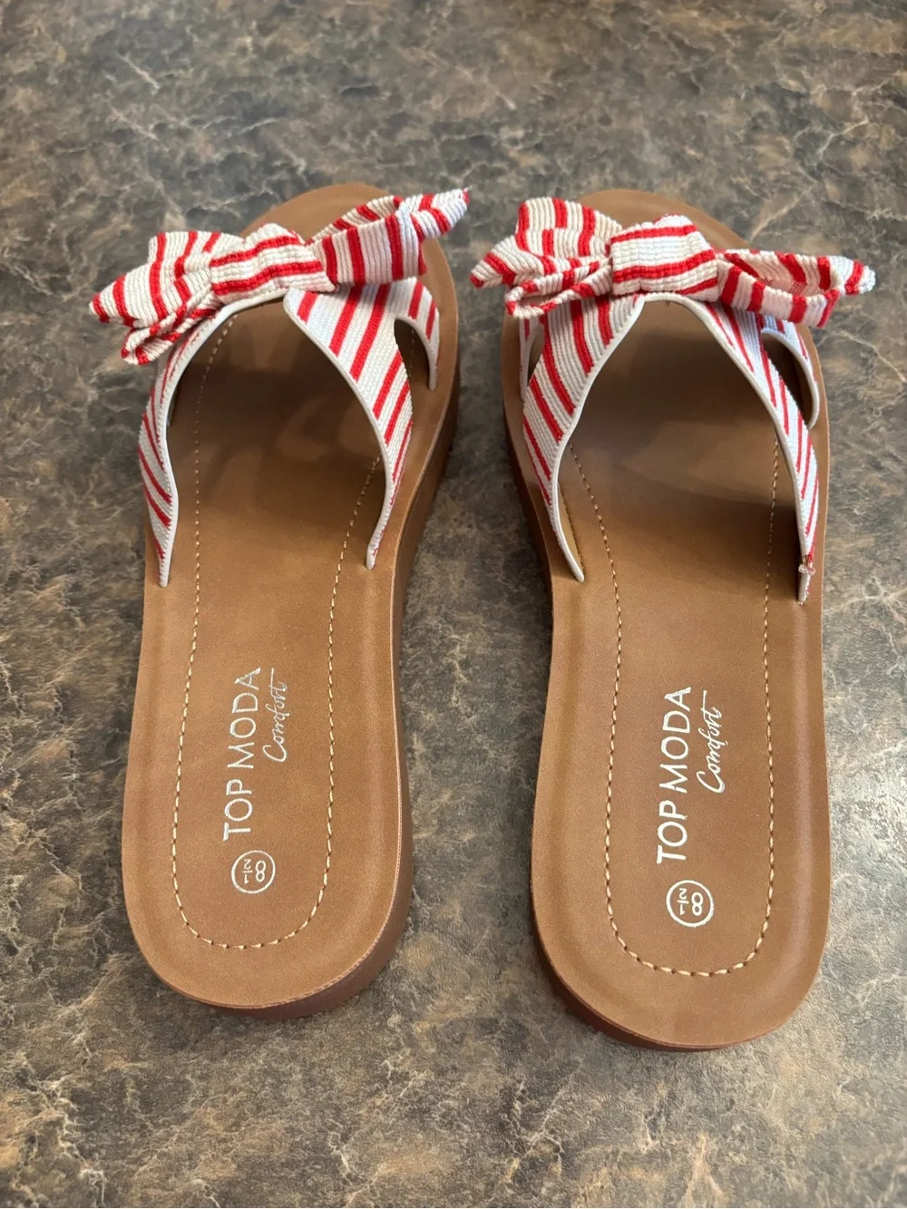 TOP Moda Red & White Striped Susie Bow Knot Slide Sandals w/Brown Footbed 8 1/2